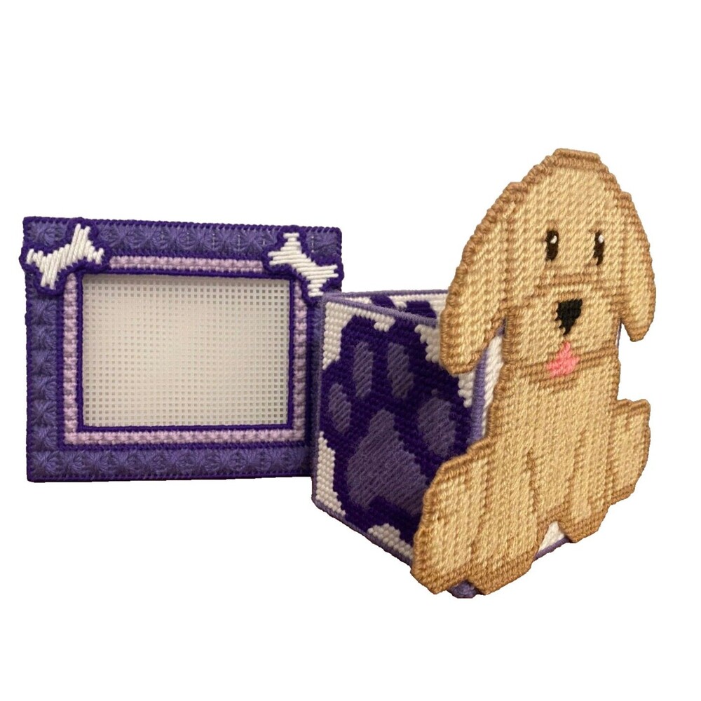 Handmade Needlepoint Plastic Yarn TREAT BOX & PHOTO FRAME Dog Puppy Retriever